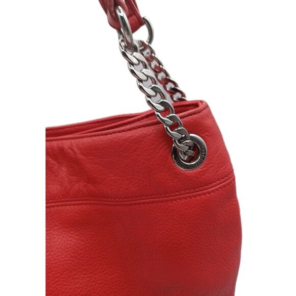 Tignanello Pebble Leather Chain Tote Handbag Purse Tomato Red Shoulder Bag Large - Picture 12 of 15